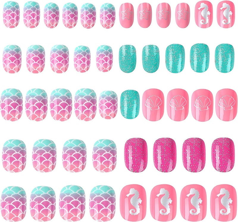 JANYUN 48 Pcs False Nail Stick on Nails Kids Full Cover Short False Nails Children Nails Gift for Kids Little Girls Nail Art Decoration