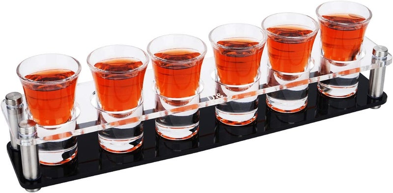 DZ Shot Glass Holder with 6 Heavy-Base Shooter Glasses, Assembled Acrylic Server for Restaurant, Bar, Family Gathering, 1 oz (30 ml) Tasting Glass for Tequila, Vodka, Whiskey, Beer, Wine, Soju - Image 1