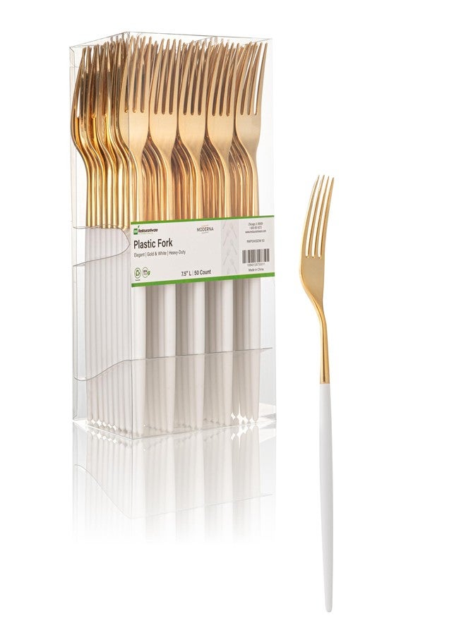 Restaurantware-Moderna 7.5 Inch Fancy Disposable Flatware, 50 Durable Plastic Flatware - With White Handle For Grip, Heavy-duty, Gold Plastic Forks, Easily Disposable Or Restaurants - Image 2