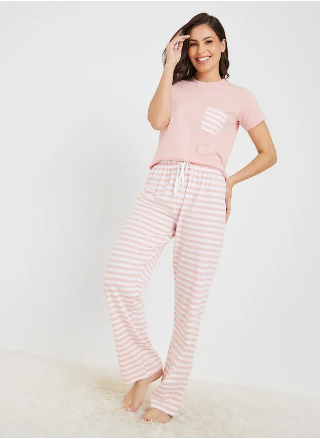 ستايلي Cotton Striped Pocket T-Shirt & Pyjama Set