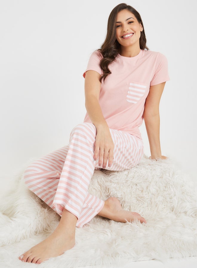 ستايلي طقم بيجامة وتيشيرت قطني مخطط بجيوب ستايلي - Image 1
