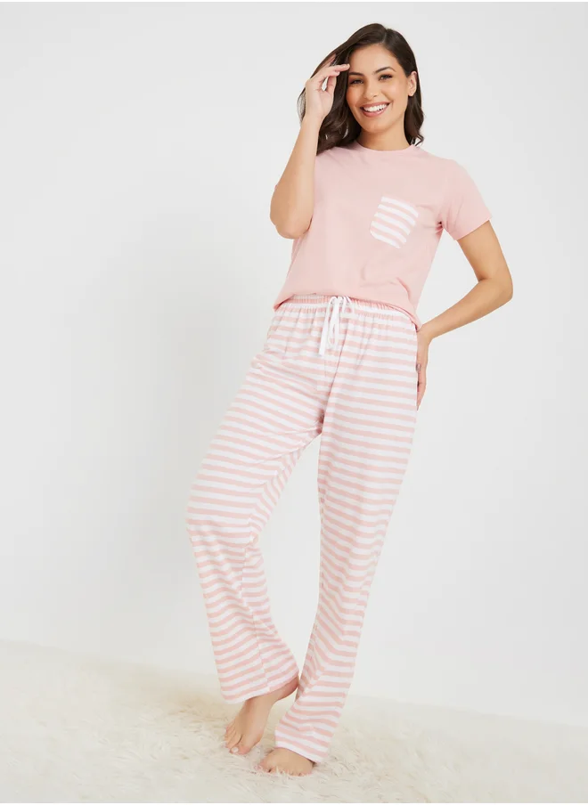 Styli Styli Cotton Striped Pocket T-Shirt and Pyjama Set
