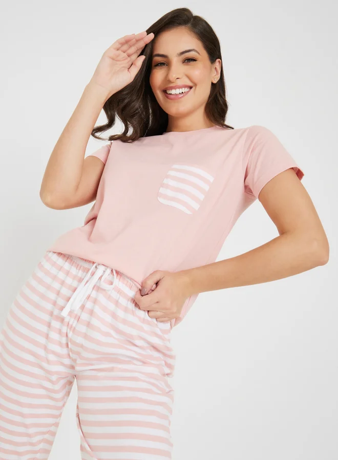 ستايلي Styli Cotton Striped Pocket T-Shirt and Pyjama Set