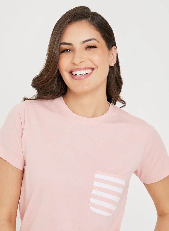 ستايلي Styli Cotton Striped Pocket T-Shirt and Pyjama Set