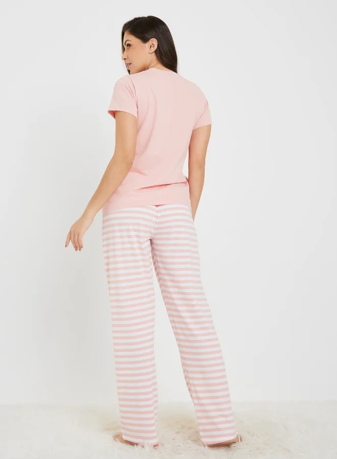 ستايلي Styli Cotton Striped Pocket T-Shirt and Pyjama Set