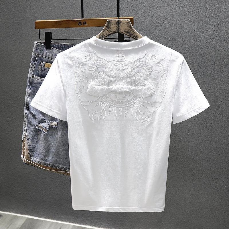 Chinese Style Awakening Lion Embroidered Short-sleeved T-shirt Men's 2023 Summer Pure Cotton Casual Half-sleeved T-shirt Youth Base Shirt - Image 1