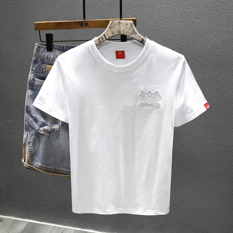 Chinese Style Awakening Lion Embroidered Short-sleeved T-shirt Men's 2023 Summer Pure Cotton Casual Half-sleeved T-shirt Youth Base Shirt - Image 3