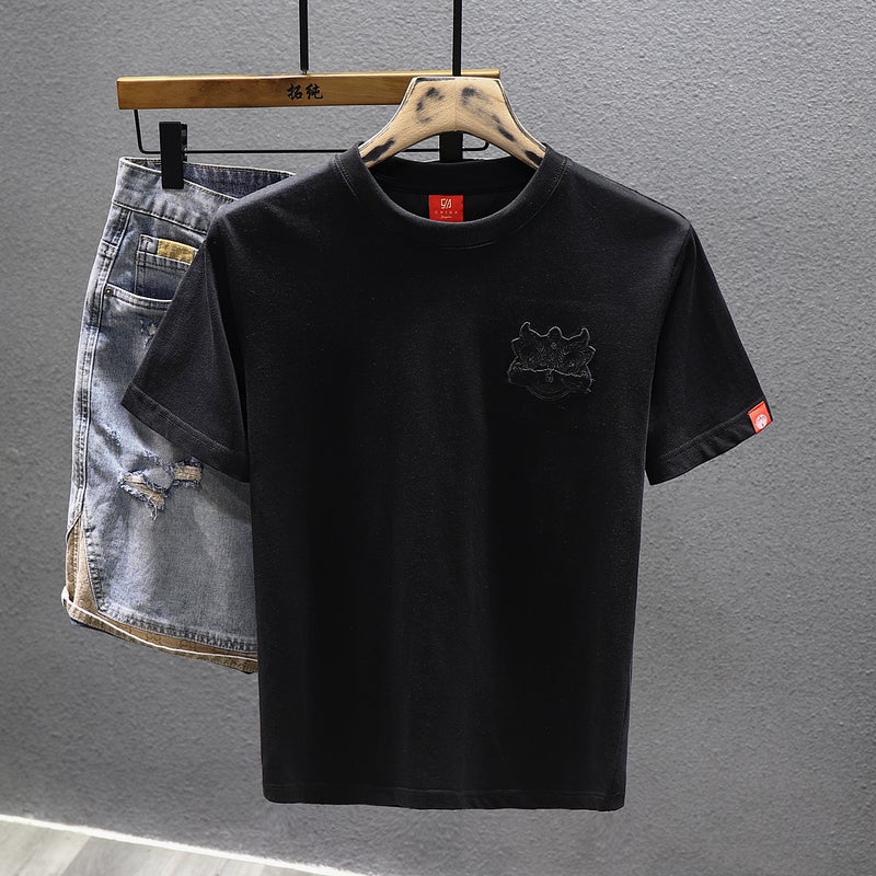 Chinese Style Awakening Lion Embroidered Short-sleeved T-shirt Men's 2023 Summer Pure Cotton Casual Half-sleeved T-shirt Youth Base Shirt - Image 5