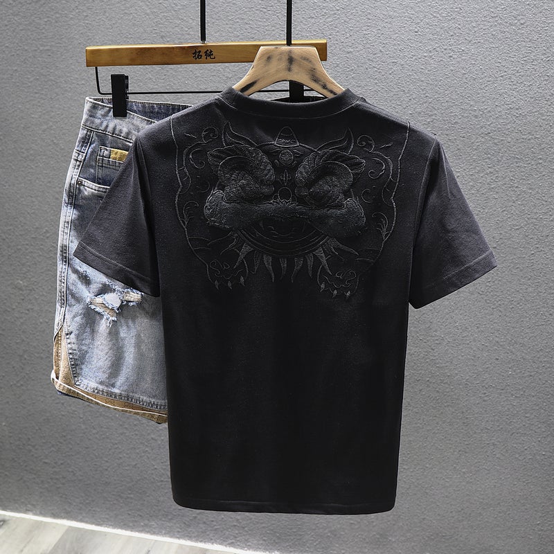 Chinese Style Awakening Lion Embroidered Short-sleeved T-shirt Men's 2023 Summer Pure Cotton Casual Half-sleeved T-shirt Youth Base Shirt - Image 4