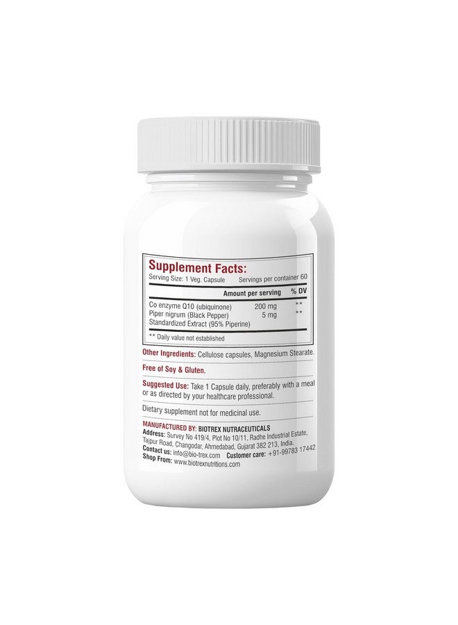 Biotrex Nutraceuticals High Bioavailabilty Coq10 200mg With 95% Purity Piperine 5mg (Coenzyme Q10) - 60 Vegetarian Capsules - Image 2