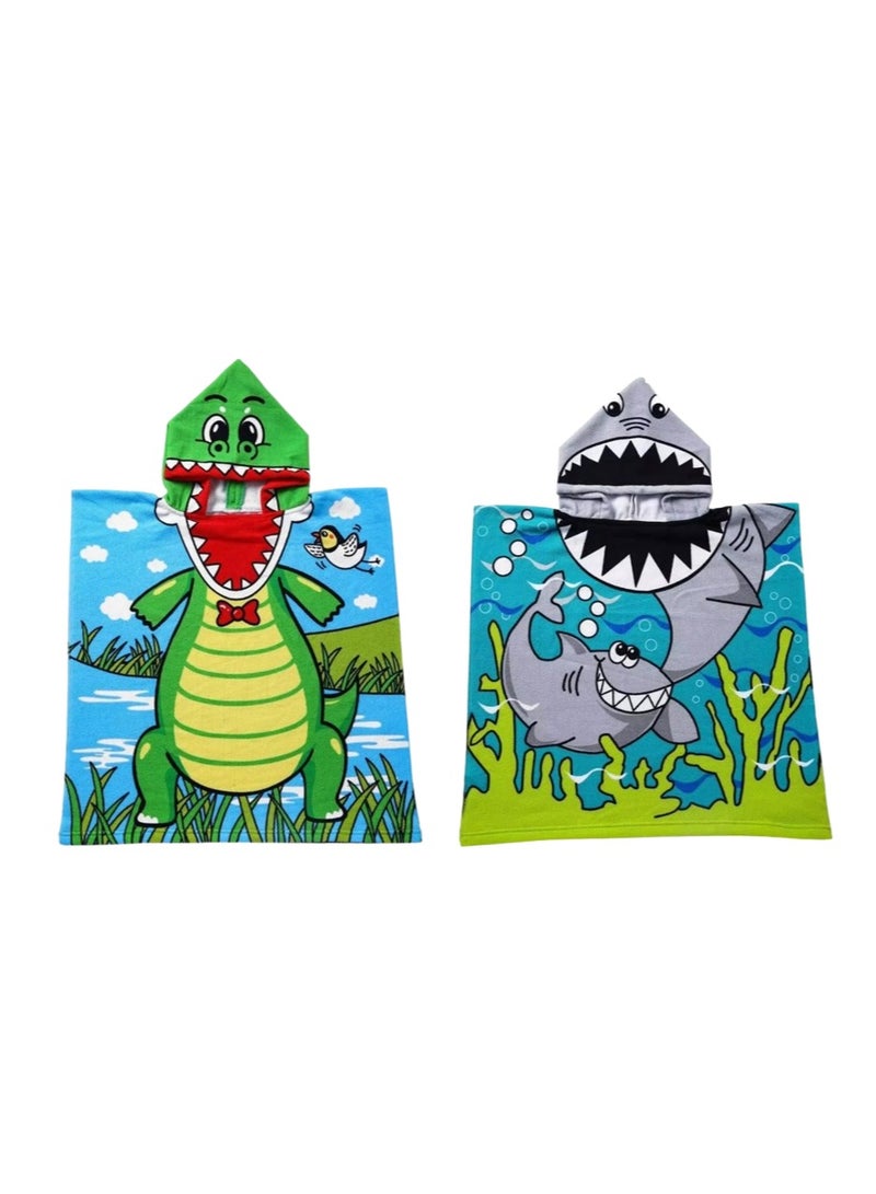 2Pcs Kids Bath Towel for 1 - 5 Years Toddler, 1Pcs Kids Hooded Towel, Microfiber Bath Towel Super Soft Robe Poncho Bathrobe, Boys Girls Swimming Beach Holiday Water Playing Pool Bath Coverups, Dinosaur +Shark  - Image 1