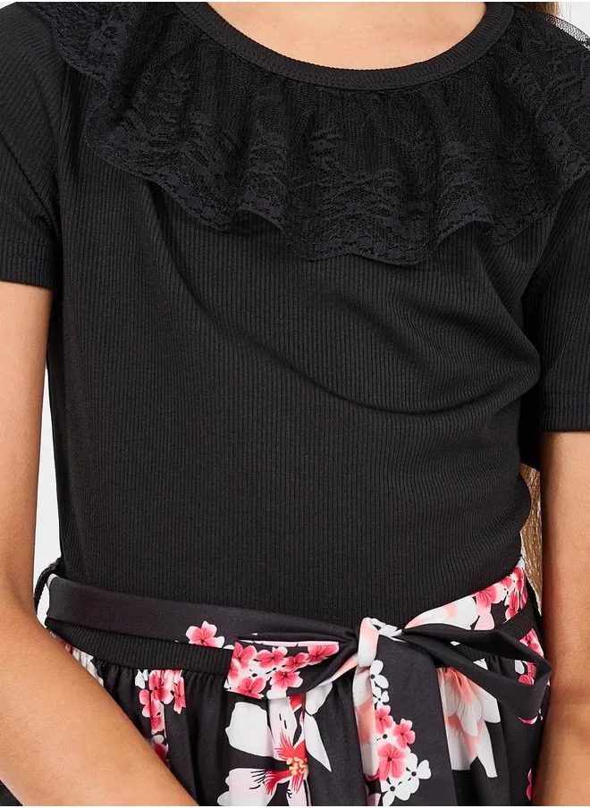 ستايلي Mesh Ruffle Trim Floral Print Dress
