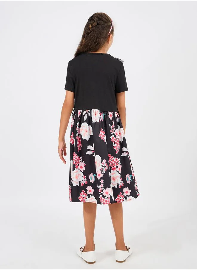 ستايلي Mesh Ruffle Trim Floral Print Dress