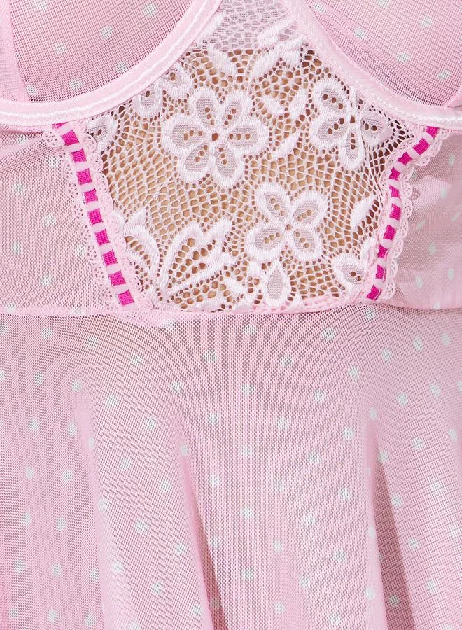 Styli  Pack Of 3 - Polka Dot Underwired Babydoll With Lace Panel, Brief And Stockings for Women | Best Price UAE