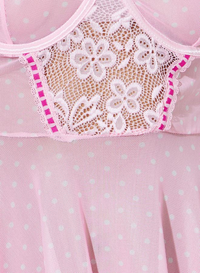 Styli Pack Of 3 - Polka Dot Underwired Babydoll With Lace Panel, Brief And Stockings - Image 5
