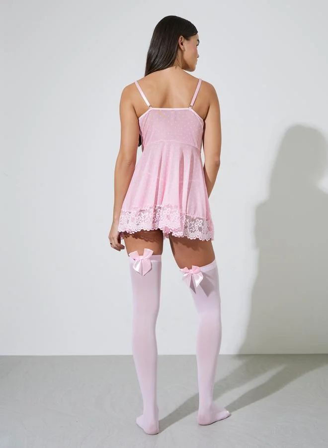 Styli  Pack Of 3 - Polka Dot Underwired Babydoll With Lace Panel, Brief And Stockings for Women | Best Price UAE