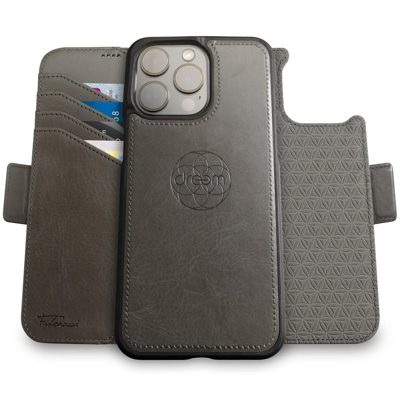 Dreem Wallet Case for iPhone 15 Pro Max Revolutionary VertHor Phone Stand Magnetic Detachable Vegan Leather Flip Cover RFID Blocking Card Holder MagSafeFit Gift Box Fibonacci Grey - Image 2