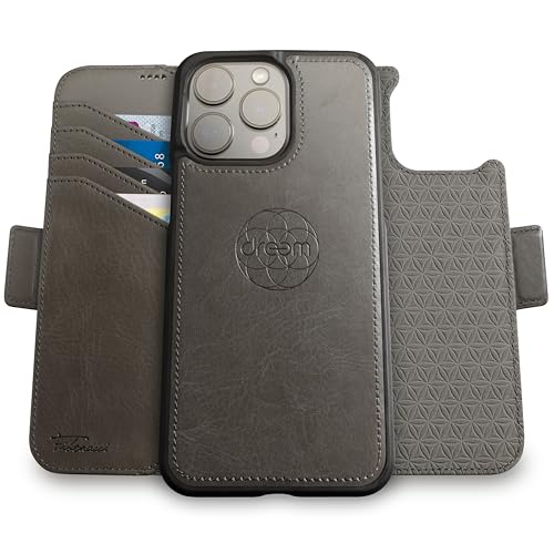 Dreem Wallet Case for iPhone 15 Pro Max Revolutionary VertHor Phone Stand Magnetic Detachable Vegan Leather Flip Cover RFID Blocking Card Holder MagSafeFit Gift Box Fibonacci Grey - Image 1