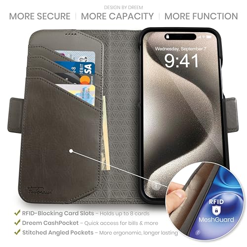 Dreem Wallet Case for iPhone 15 Pro Max Revolutionary VertHor Phone Stand Magnetic Detachable Vegan Leather Flip Cover RFID Blocking Card Holder MagSafeFit Gift Box Fibonacci Grey - Image 3