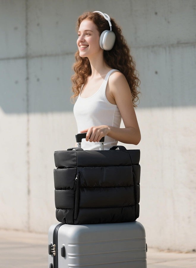 Bagstellar Puffer Tote Bag for Women, Lightweight Puffy Work Handbag Teacher Nurse Quilted Shoulder Bag for School Travel Gym, Black, Large - Image 2