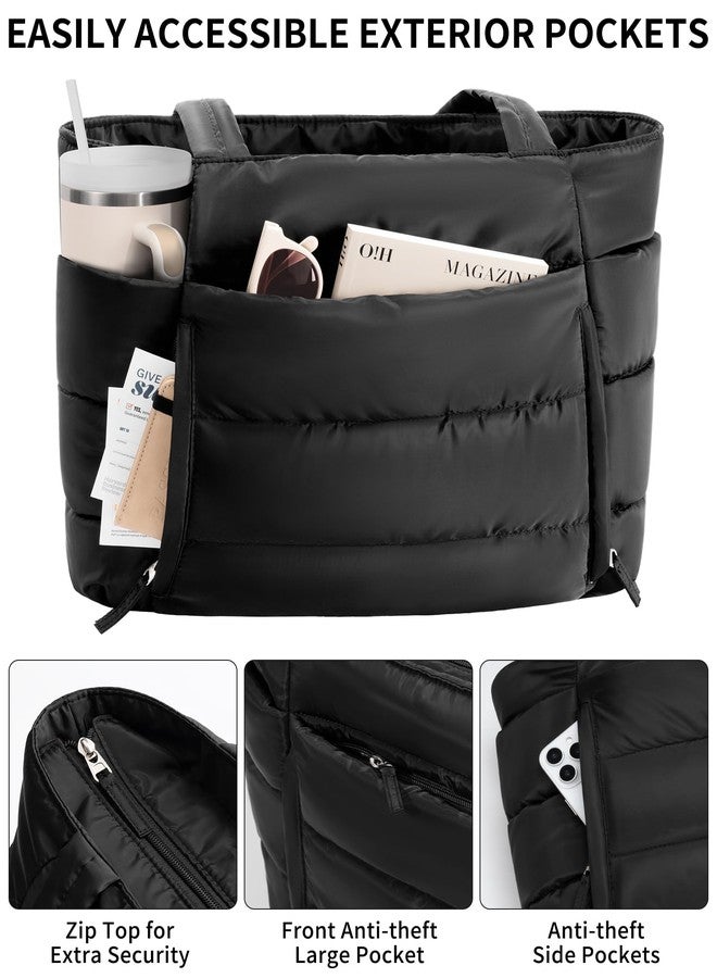 Bagstellar Puffer Tote Bag for Women, Lightweight Puffy Work Handbag Teacher Nurse Quilted Shoulder Bag for School Travel Gym, Black, Large - Image 5
