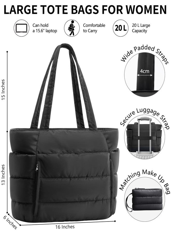Bagstellar Puffer Tote Bag for Women, Lightweight Puffy Work Handbag Teacher Nurse Quilted Shoulder Bag for School Travel Gym, Black, Large - Image 3