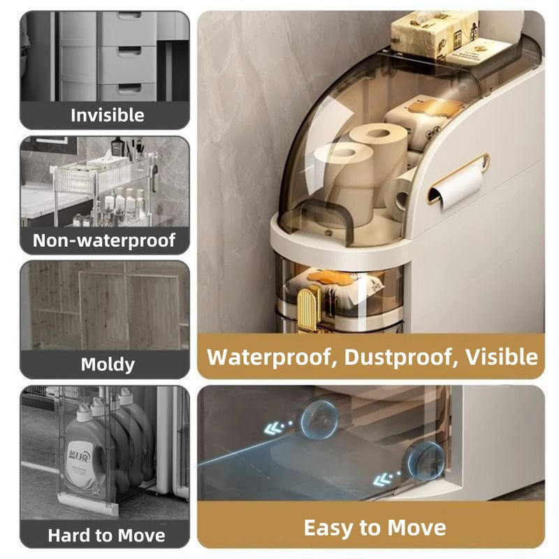FORYUSE 3-Tiers Slim Bathroom Storage Cabinet Narrow Waterproof Plastic Floor Organiser with Drawers Tissue Box Wheels for Small Kitchen Laundry Living Room Toilet - Image 4
