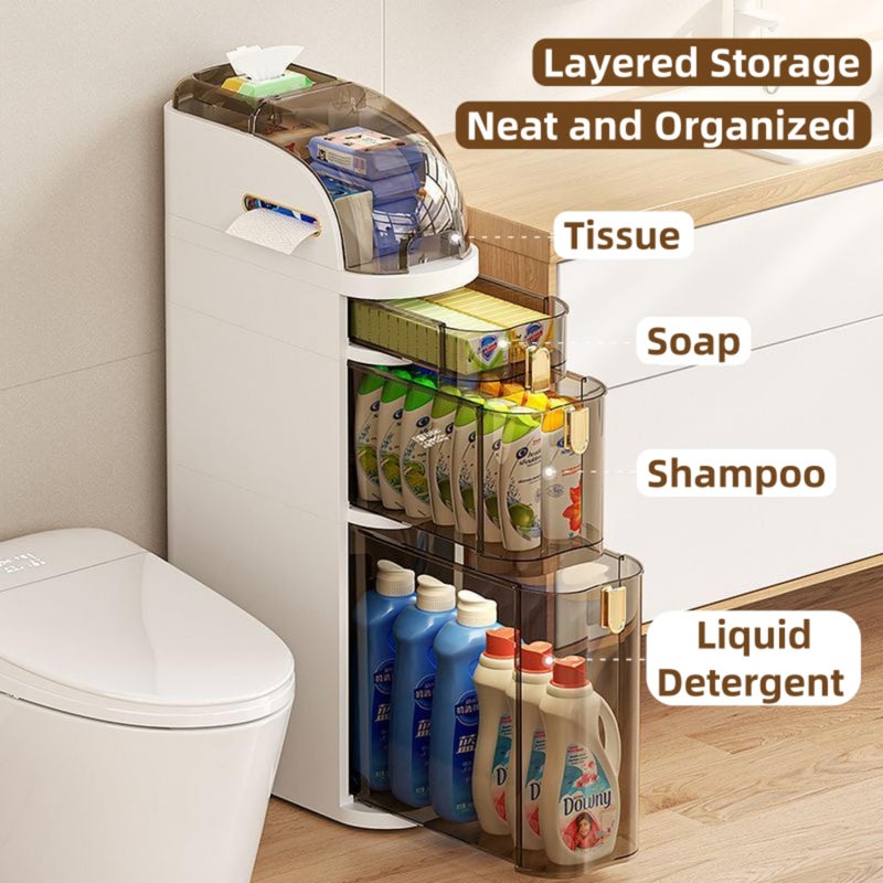 FORYUSE 3-Tiers Slim Bathroom Storage Cabinet Narrow Waterproof Plastic Floor Organiser with Drawers Tissue Box Wheels for Small Kitchen Laundry Living Room Toilet - Image 2