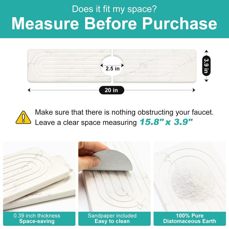 Deceram Small White Marble Stone Faucet Mat for Kitchen Sink Water Absorbing Durable Protector for Bathroom Counter Diatomite Quick Drying Stone Tray Sink Splash Guard Kitchen Counter Accessories - Image 3