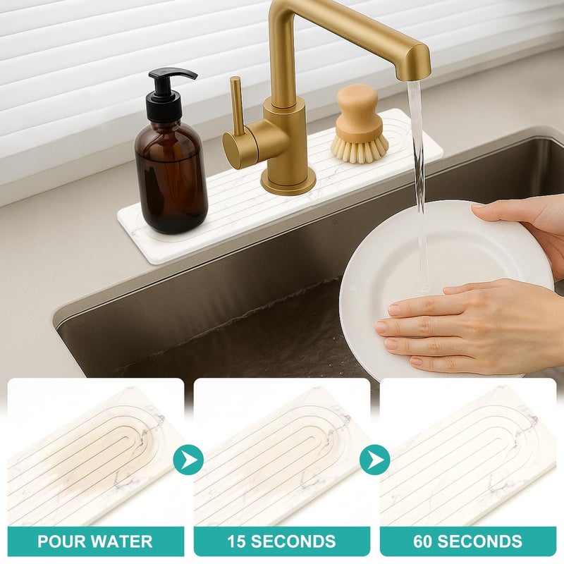 Deceram Small White Marble Stone Faucet Mat for Kitchen Sink Water Absorbing Durable Protector for Bathroom Counter Diatomite Quick Drying Stone Tray Sink Splash Guard Kitchen Counter Accessories - Image 4