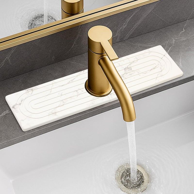 Deceram Small White Marble Stone Faucet Mat for Kitchen Sink Water Absorbing Durable Protector for Bathroom Counter Diatomite Quick Drying Stone Tray Sink Splash Guard Kitchen Counter Accessories - Image 1