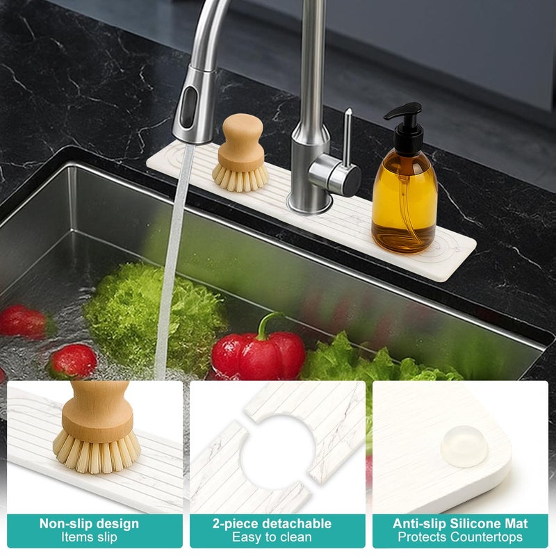 Deceram Small White Marble Stone Faucet Mat for Kitchen Sink Water Absorbing Durable Protector for Bathroom Counter Diatomite Quick Drying Stone Tray Sink Splash Guard Kitchen Counter Accessories - Image 2