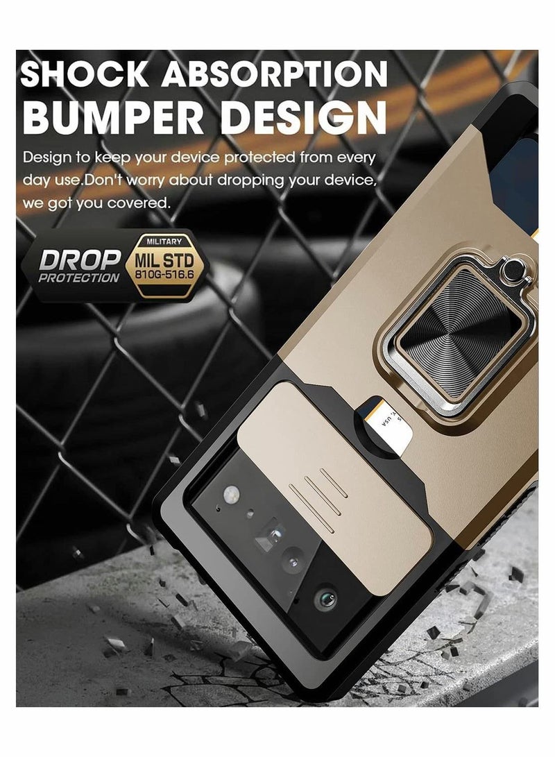 Y&D Case for Google Pixel 6 6.4 inch with Camera Cover Kickstand Slide Lens + Rotate Ring Stand Card Holder Gold - Image 3