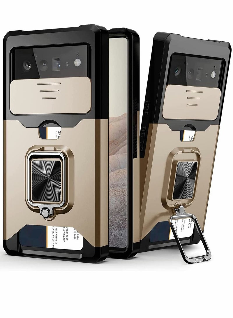 Y&D Case for Google Pixel 6 6.4 inch with Camera Cover Kickstand Slide Lens + Rotate Ring Stand Card Holder Gold - Image 1