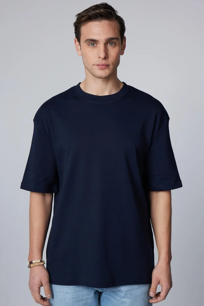 تودورس Oversize Wide Cut Cotton Soft Textured Basic Crew Neck Navy Blue T-Shirt
