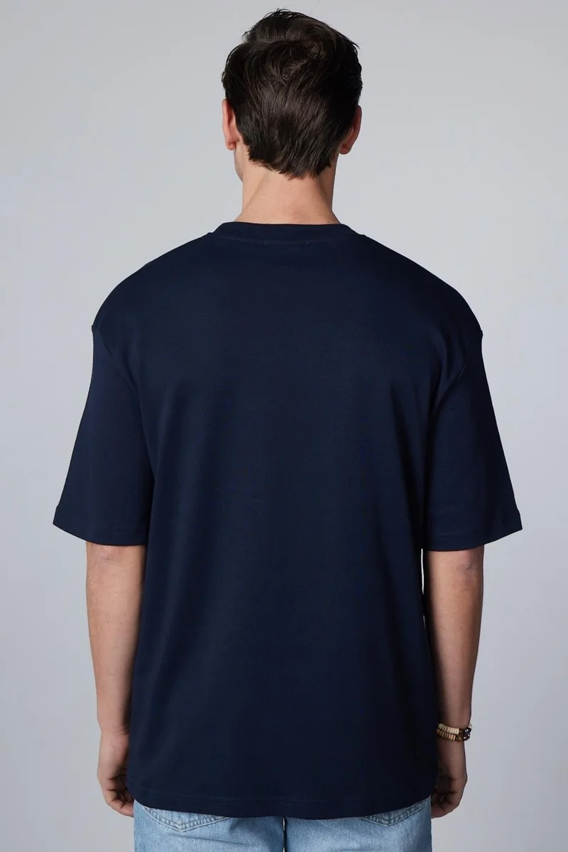 تودورس Oversize Wide Cut Cotton Soft Textured Basic Crew Neck Navy Blue T-Shirt