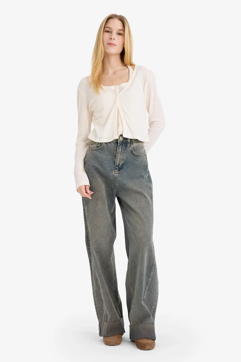 DeFacto Ribbed Long Sleeve Halter Neck T-shirt