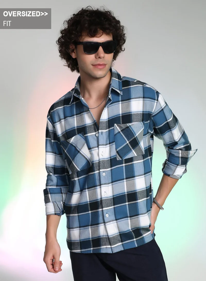 Campus Sutra Campus Sutra Men's Ocean Blue Tartan Utility Shacket For Casual Wear | Spread Collar | Long Cuffed Sleeves | Button Closure | Overshirt/Shacket Crafted With Comfort Fit For Everyday Wear
