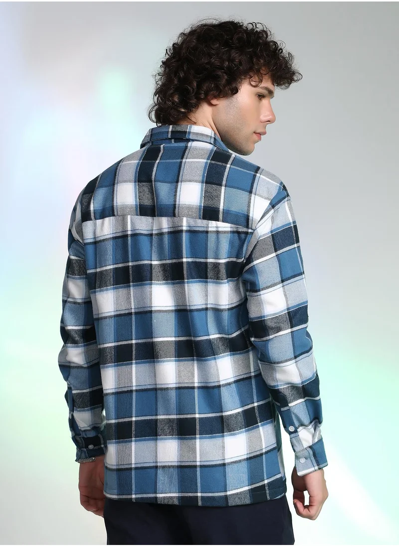 Campus Sutra Men's Ocean Blue Tartan Utility Shacket