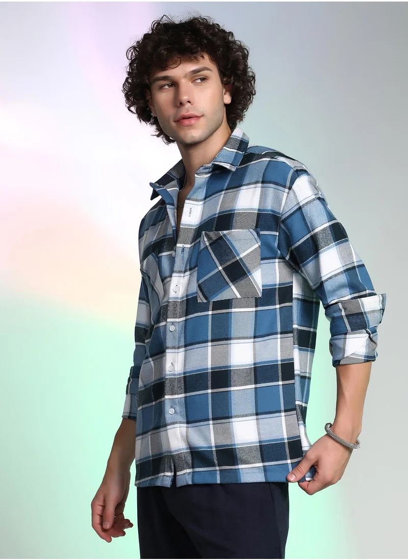 Campus Sutra Men's Ocean Blue Tartan Utility Shacket