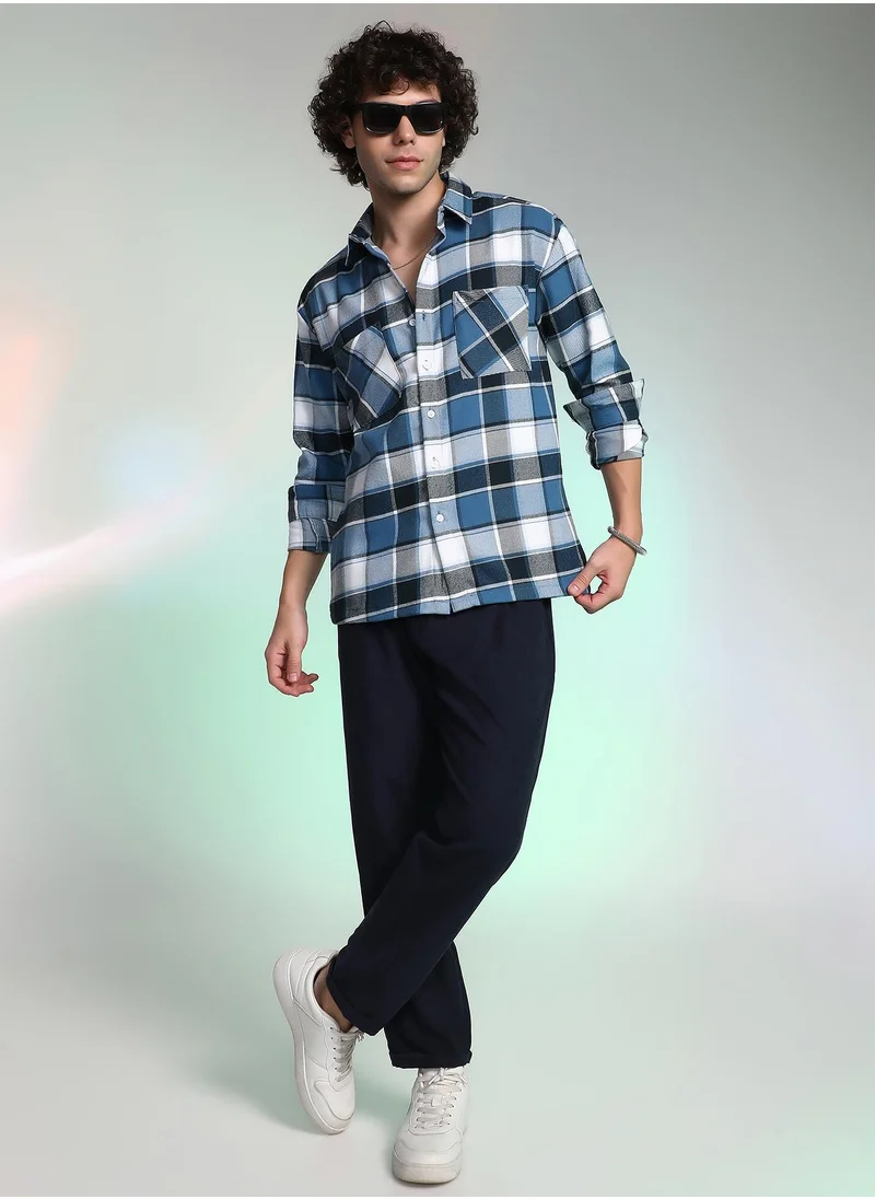Campus Sutra Men's Ocean Blue Tartan Utility Shacket