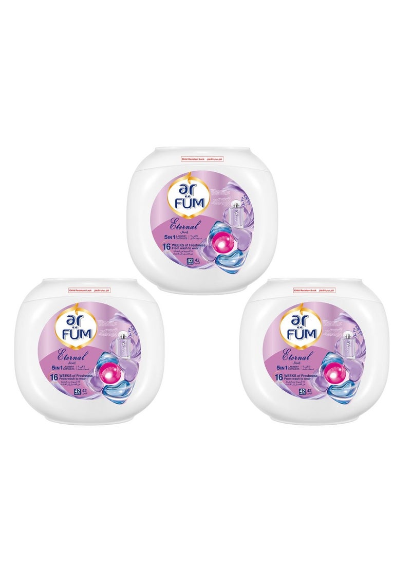 ar FUM ArFum PODS, 5-in-1 Laundry Detergent Capsules with Scent Booster, Detergent Concentrate, Softener, Color Protect, Stain Remover, 16 Weeks Fragrance, 42 Pods, Eternal,Pack of 3 X 42 Pods (126 Capsules) - Image 1