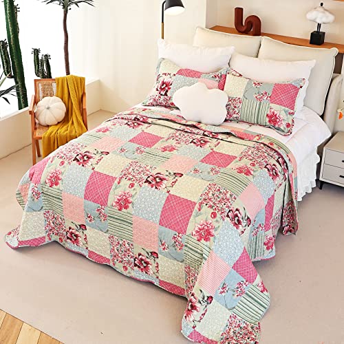 Cmfshape Summer Floral King Quilted Bedspread,Romantic Pink Quilt Set King,Reversible Stitched Bedding Set All Season,Soft Lightweight Coverlet with Pillow Cases (Pink&Grey, King102 x90) - Image 3