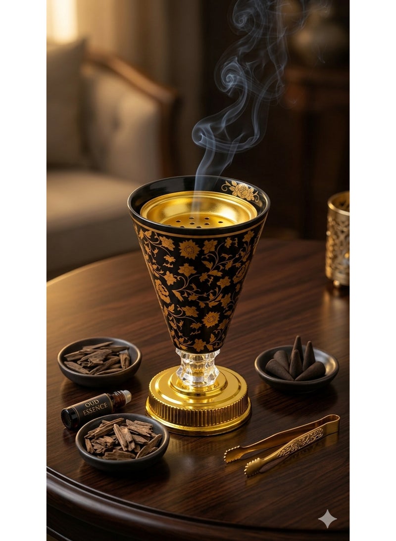 مبخرة مودرن فاخرة أسود في ذهبي - تصميم أنيق وعصري للمنزل والمجالس - قاعدة ثابتة مانعة للانزلاق - مثالية للهدايا والمناسبات الراقية. - Image 1