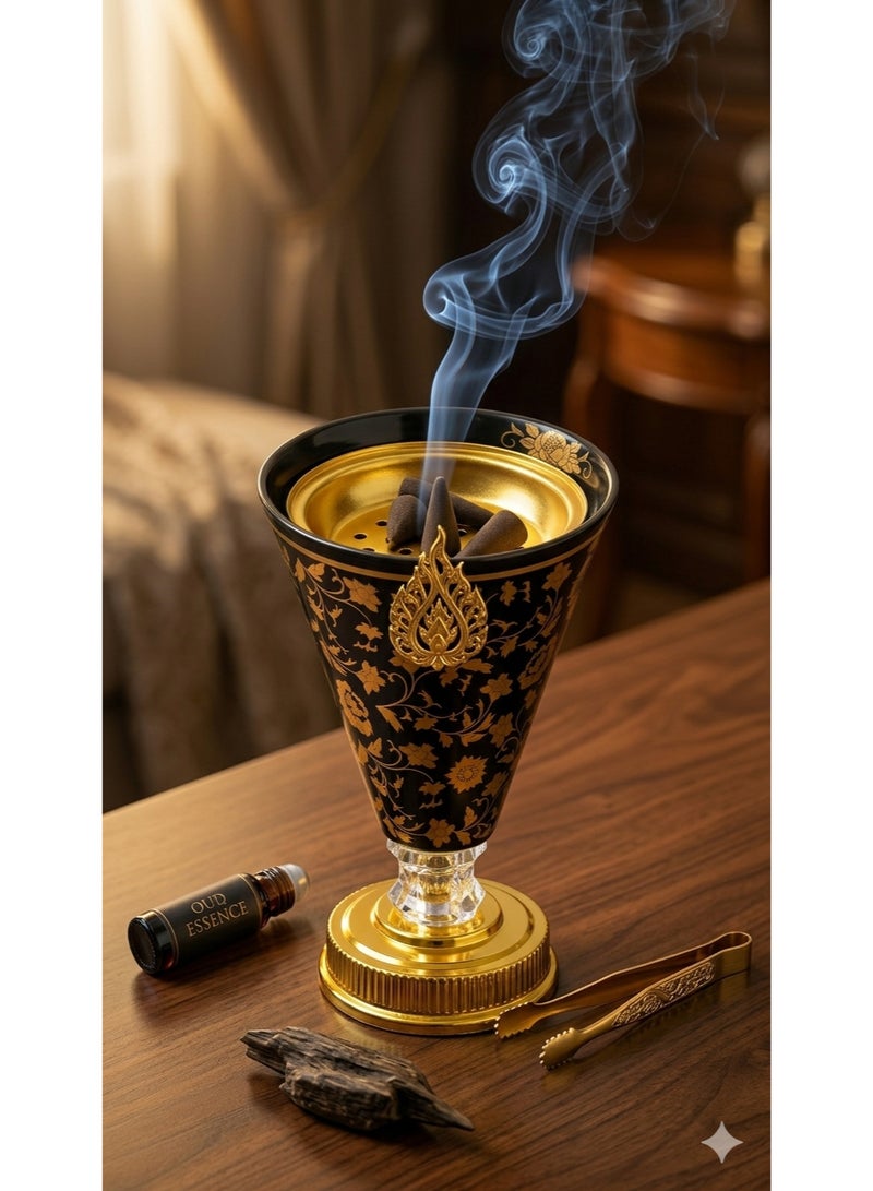 مبخرة مودرن فاخرة أسود في ذهبي - تصميم أنيق وعصري للمنزل والمجالس - قاعدة ثابتة مانعة للانزلاق - مثالية للهدايا والمناسبات الراقية. - Image 2