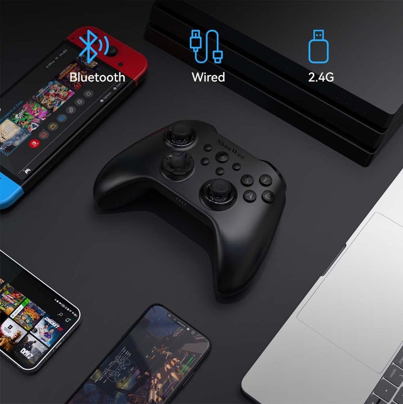 ShanWan Wireless Controller for PC, iPhone, Android, Switch, Steam, Gamepad 2.4G Bluetooth Controller with Hall Effect Trigger,Turbo,Rumble Vibration (Black) - Image 2
