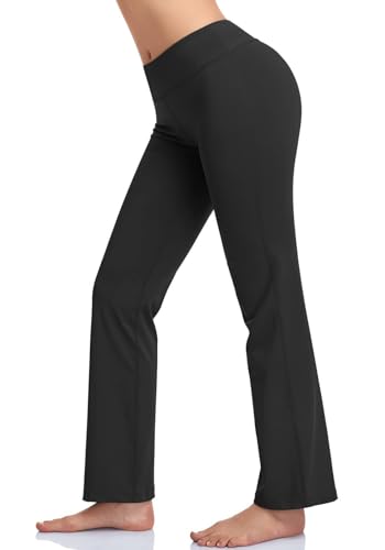 HISKYWIN Inner Pocket Yoga Pants 4 Way Stretch Tummy Control Workout Running Pants, Long Bootleg Flare Pants HF2 Black-L - Image 1