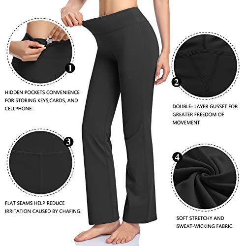 HISKYWIN Inner Pocket Yoga Pants 4 Way Stretch Tummy Control Workout Running Pants, Long Bootleg Flare Pants HF2 Black-L - Image 5