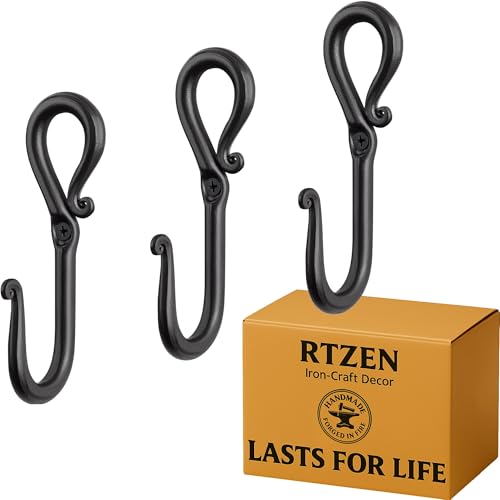RTZEN Wall Mount Hook Set - Wrought Iron Decorative Rustic Metal Coat Hooks for Hanging - Handcrafted Classic Farmhouse Wall Mounted Black Hooks for Towel Robe or Hat Hanging - 3 Pack - Image 1