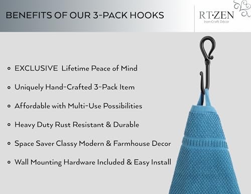 RTZEN Wall Mount Hook Set - Wrought Iron Decorative Rustic Metal Coat Hooks for Hanging - Handcrafted Classic Farmhouse Wall Mounted Black Hooks for Towel Robe or Hat Hanging - 3 Pack - Image 2